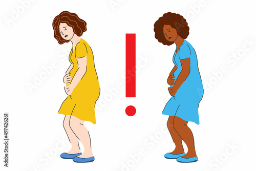 Miscarriage, contractions, premature birth, threat of termination of pregnancy. Pregnant woman. Pain in the uterus, spasm. Vector cartoon people illustration on a white background.