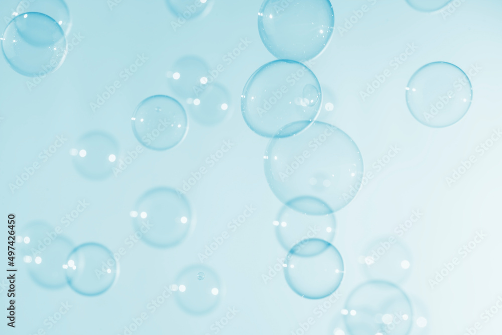 Transparent Blue Soap Bubbles Background. Soap Suds Bubbles Water	
