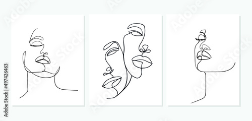 Set of faces. Simple, minimalist vector illustration of beautiful woman face. Line drawing.
