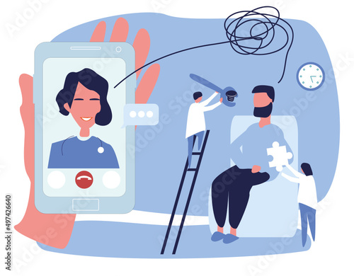 A man visits an online psychologist's office. Online individual psychological therapy and counseling. Psychotherapy session. Mental health and psychology. Psychiatric consultation. Flat cartoon	
