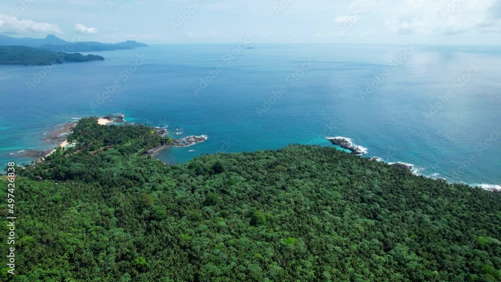 Aerial drone view over the Ilheu das Rolas island, in sunny Sao Tome and Principe Aerial drone view over the Ilheu das Rolas island, in sunny Sao Tome and Principe