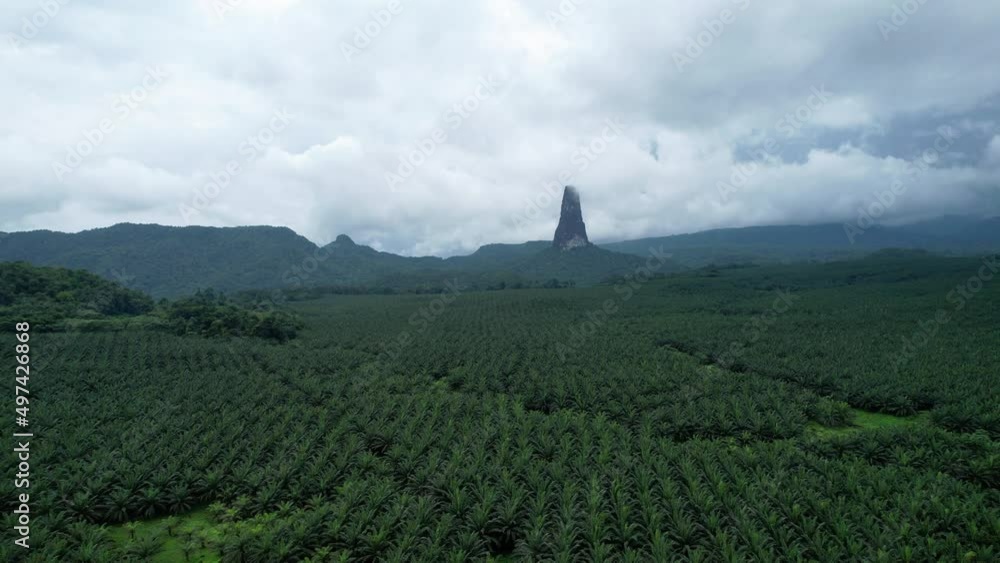 Aerial view towards the Pico Cao Grande peak, overcast day in Sao Tome, Africa Aerial view towards the Pico Cao Grande peak, overcast day in Sao Tome, Africa