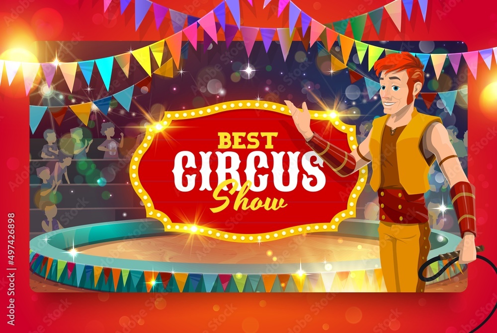 Cartoon animal trainer performer on shapito circus stage, funfair ...