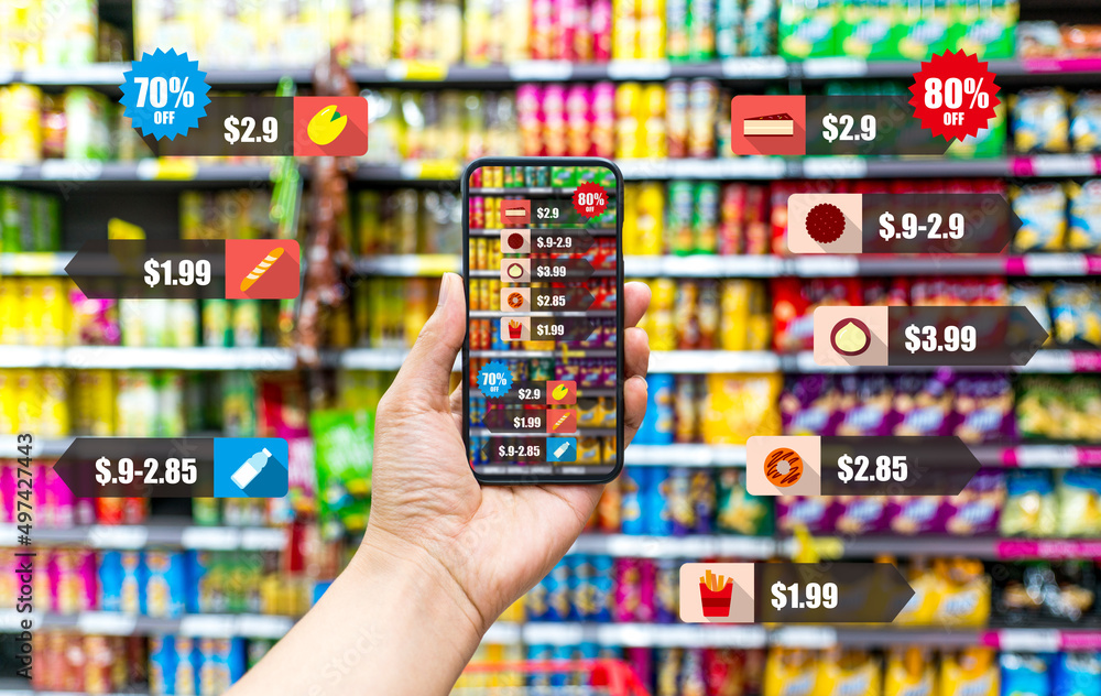 Augmented reality marketing . Hand holding smart phone use AR application to check information Augmented reality marketing . Hand holding smart phone use AR application to check information