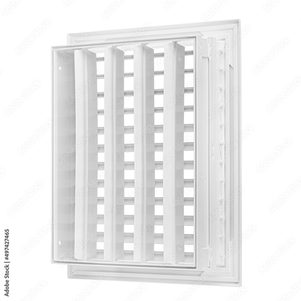 Ventilation grille for cooling and supplying fresh air to the premises. Isolated on a white background. Ventilation of kitchen, bathroom, apartment, office, bar, restaurant, warehouse.