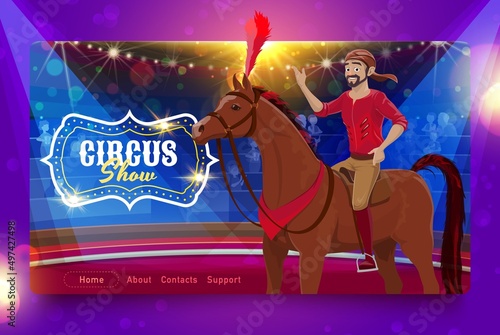 Shapito circus vector landing page with cartoon horse rider acrobat on circus stage, carnival top tent bleachers, audience and lights. Carnival amusement show website template with retro marquee sign