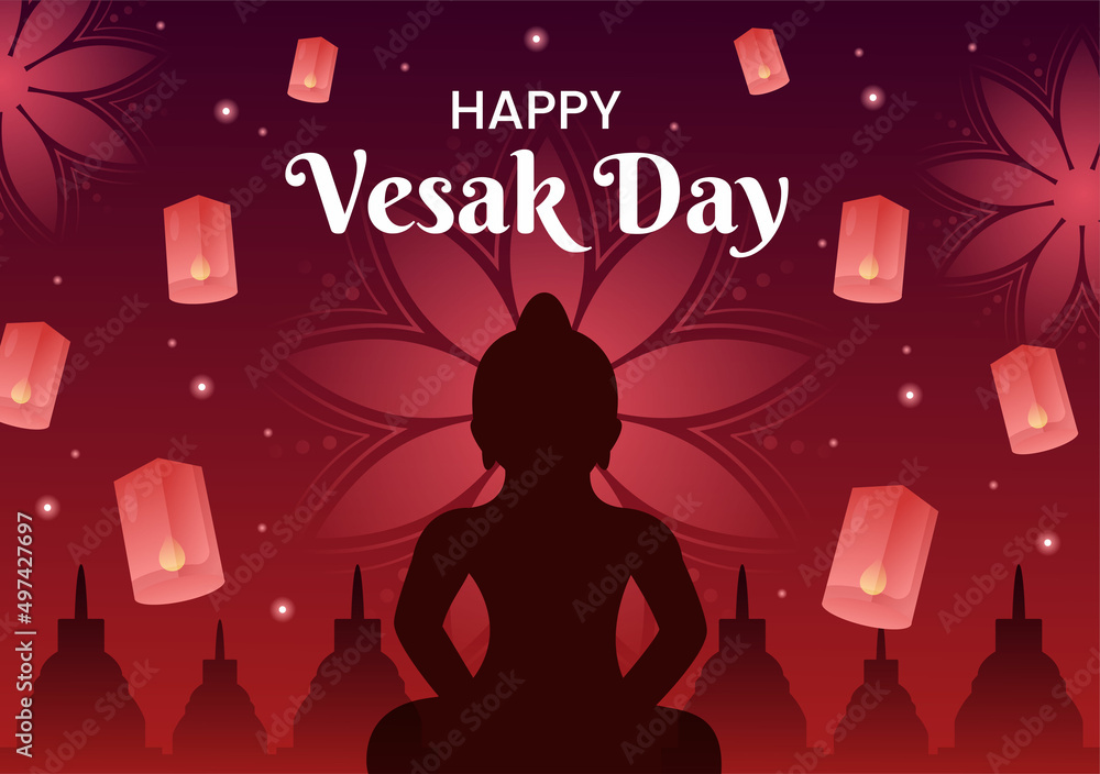 Vesak Day Celebration with Temple Silhouette, Lotus Flower Decoration,  Lantern or Buddha Person in Flat Cartoon Background Illustration for  Greeting Card Stock Vector | Adobe Stock