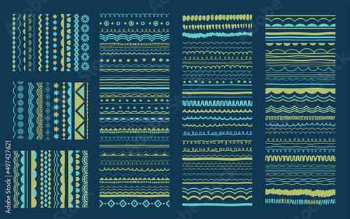 Abstract stripes, brush lines set. Vector hand drawn seamless background. Borders, ribbons, patterns, brushes collection.