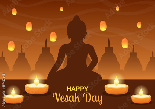 Vesak Day Celebration with Temple Silhouette, Lotus Flower Decoration, Lantern or Buddha Person in Flat Cartoon Background Illustration for Greeting Card