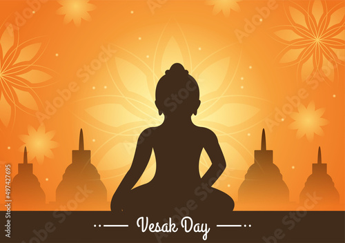 Vesak Day Celebration with Temple Silhouette, Lotus Flower Decoration, Lantern or Buddha Person in Flat Cartoon Background Illustration for Greeting Card
