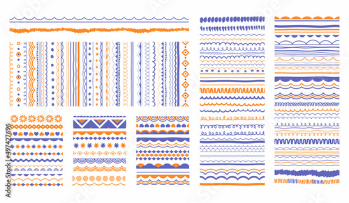 Patterns, borders, ornaments, decorative design elements collection. Seamless border set.