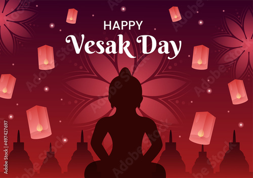 Vesak Day Celebration with Temple Silhouette, Lotus Flower Decoration, Lantern or Buddha Person in Flat Cartoon Background Illustration for Greeting Card