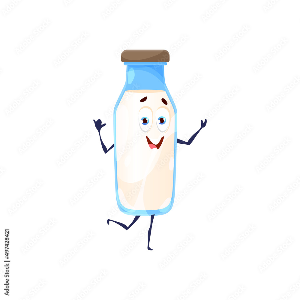 Cartoon milk bottle character, isolated vector kefir or cream dairy