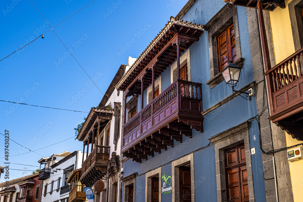 Teror at Gran Canaria, Spain. A beautiful traditional town with colorful houses with wooden balconies