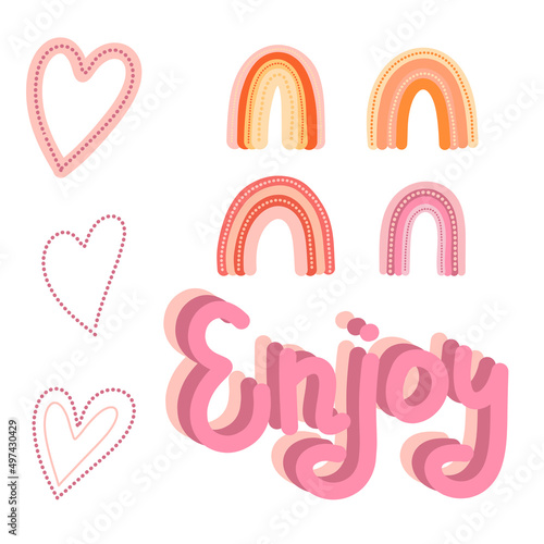 Girly rainbow, hearts and lettering phrase set.