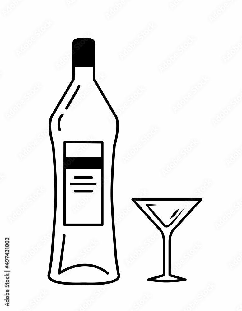 Bottle and glass martini in hand drawn style. Restaurant illustration for celebration design. Retro sketch. Line art. Design element. Beverage outline icon. Isolated on white background Bottle and glass martini in hand drawn style. Restaurant illustration for celebration design. Retro sketch. Line art. Design element. Beverage outline icon. Isolated on white background