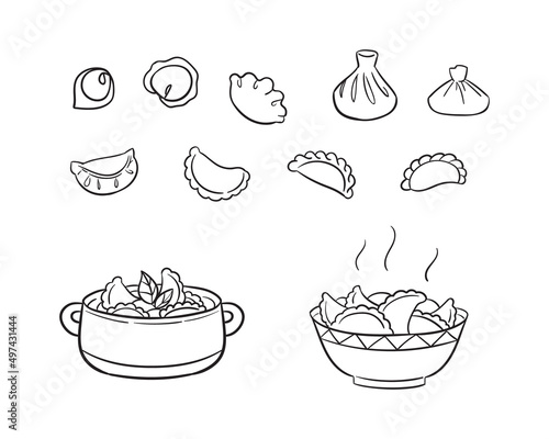 Dumplings, gyoza, vareniki, mandu, pelmeni, khinkali illustration set. Line art elements for menu, food advert, or recipes. National dish from dough filled with meat, vegetables, fish, cheese.