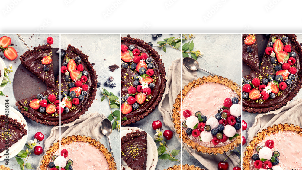 Collage made of Fruit and berry tarts dessert.