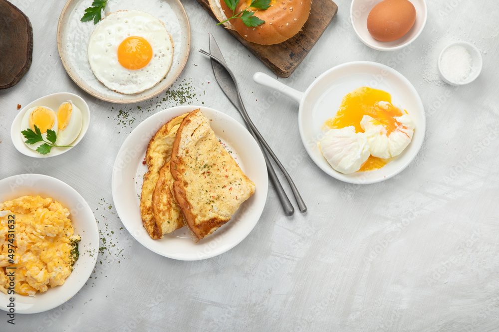 Various ways of cooking chicken eggs on light background. Various ways of cooking chicken eggs on light background.