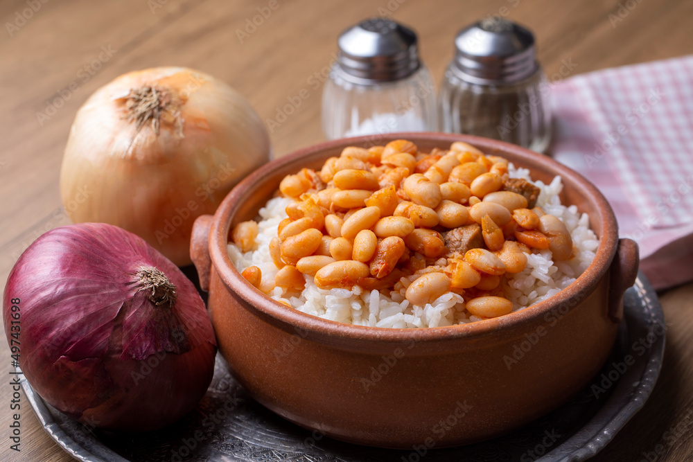 Traditional Turkish cuisine. Kuru Fasulye . Haricot Beans, rice and beans (Turkish name; pilav