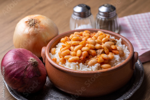 Traditional Turkish cuisine. Kuru Fasulye . Haricot Beans, rice and beans (Turkish name; pilav ustu kuru fasulye) photo