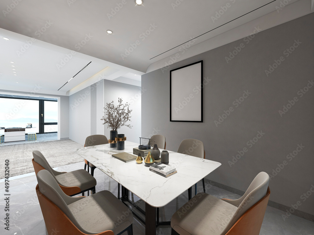 Fototapeta premium 3D rendering, spacious dining room design next to the modern kitchen, with a beautiful dining table and greenery