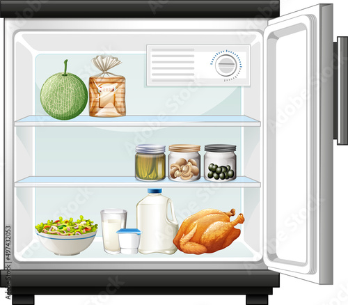 Opened refrigerator with food inside
