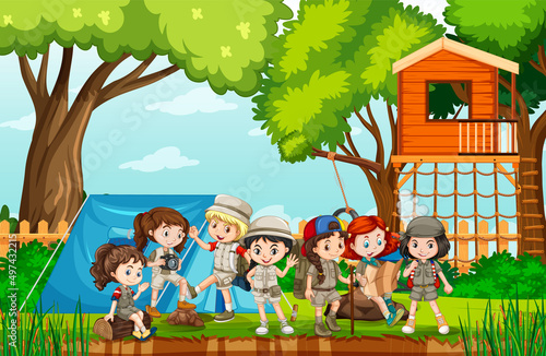 Scene of backyard with kids and fence