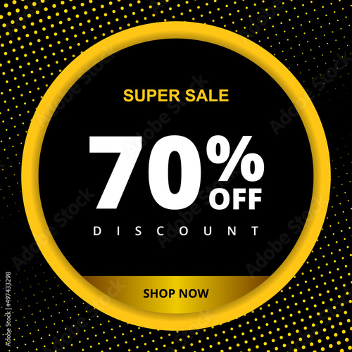 70 percent off discount. Special offer sale 70 percent off. Sale discount offer. Vector promotion banner seventy percent discount in black and yellow circle on black background with halftone dots.