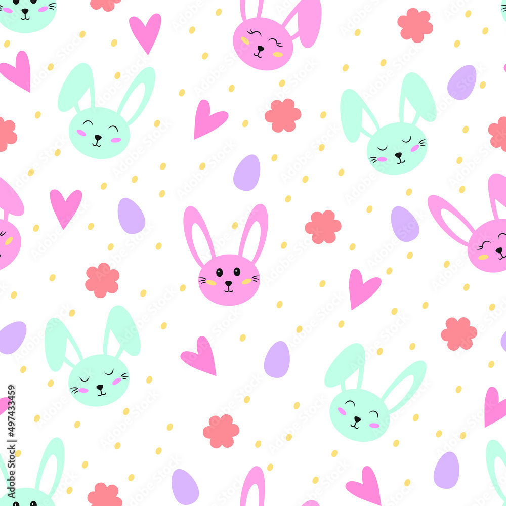 Cute seamless pattern with rabbits. Vector illustration for Easter with Bunny, egg, heart, flower. Characters for kids, fabrics, greeting cards, wallpapers, gift wrapping paper, web page etc. Cute seamless pattern with rabbits. Vector illustration for Easter with Bunny, egg, heart, flower. Characters for kids, fabrics, greeting cards, wallpapers, gift wrapping paper, web page etc.