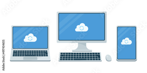 クラウドストレージを利用する様々なデバイス. ノートパソコン, デスクトップモニター, スマホ.