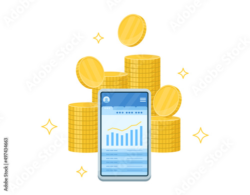 スマートフォンとお金のイラスト. オンラインでの口座管理や資産運用. アプリでグラフや明細を表示.