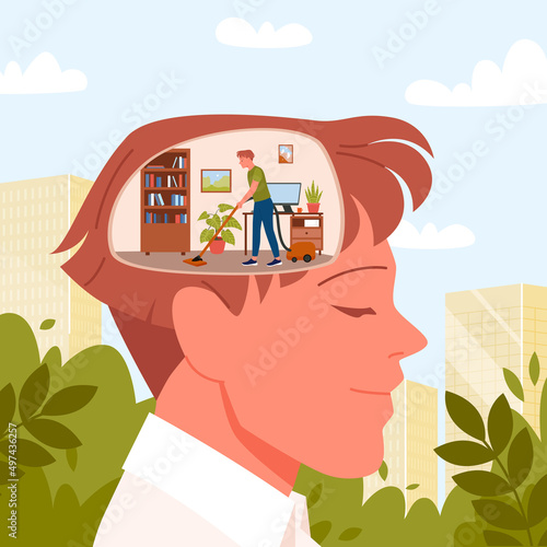 Cleaning mind and stop overthinking. Mental problems treatment, psychotherapy session, stop worrying with mental relaxing meditation, relief brain pressure cartoon vector illustration
