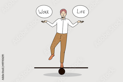 Happy businessman keep balance on board between work and personal life. Smiling successful male manager or employee perfect job and lifestyle scheme. Cartoon character, vector illustration. 