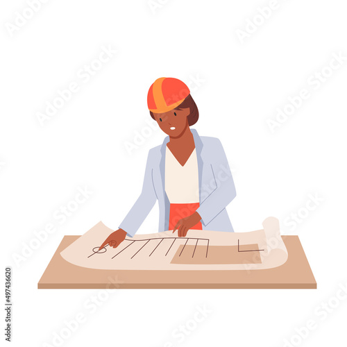 Engineer reading draft sketch vector illustration. Cartoon female construction worker standing with paper plan on table, contractor girl in helmet working isolated on white. Industry, job concept
