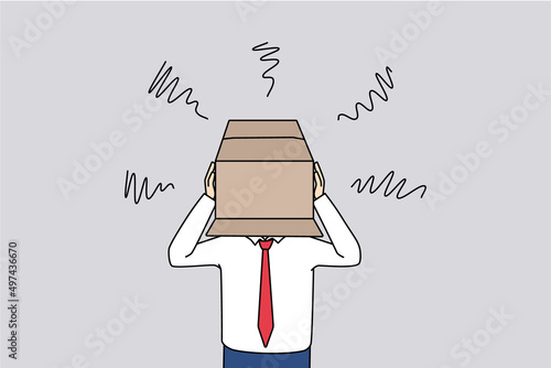 Unhappy businessman hide head in box feel ashamed of people or society struggle with business failure or loss. Distressed man experience bankruptcy or mistake hiding. Vector illustration. 