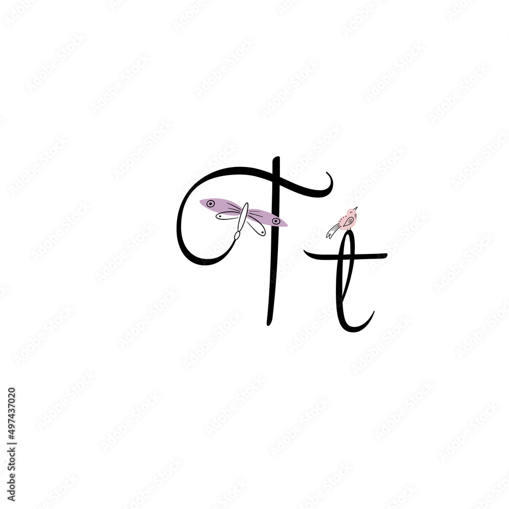 Letters drawn by hand. Letters with flowers. Spring alphabet. The letters of the branches. Line art.