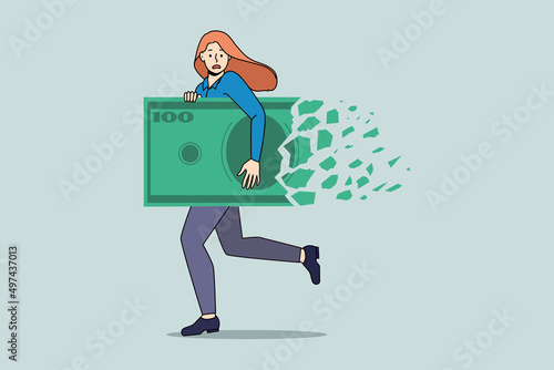 Businesswoman run with dollar bill collapsing. Money loss and decline in value. Girl with banknote struggle with financial crisis or bankruptcy. Inflation and deflation concept. Vector illustration. 