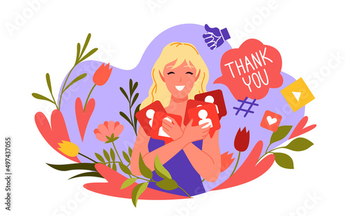 Happy girl holding followers badges to celebrate number of fans and audience in social media vector illustration. Cartoon blogger character standing among flowers and hearts isolated on white