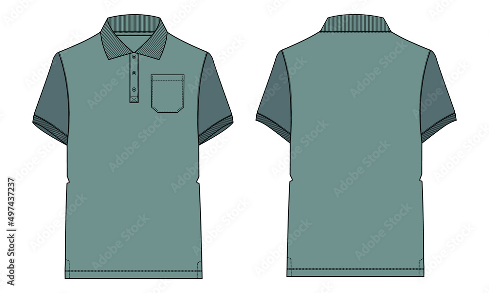Two tone green Color Short sleeve polo shirt Technical fashion flat ...
