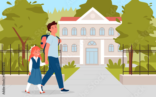 Parent going together with his child to school. Family lifestyle, daily routine, children education, father taking daughter to primary school cartoon vector illustration