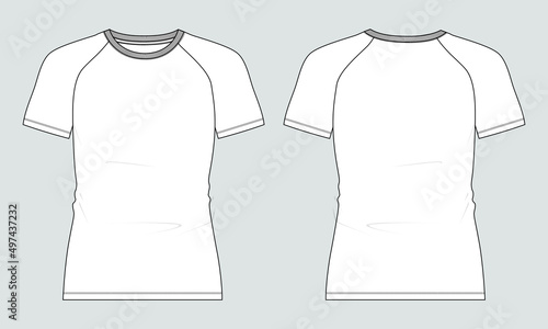 Slim fit Short  Sleeve raglan T shirt Technical Fashion flat sketch Vector Illustration template Front and back views isolated on white background.