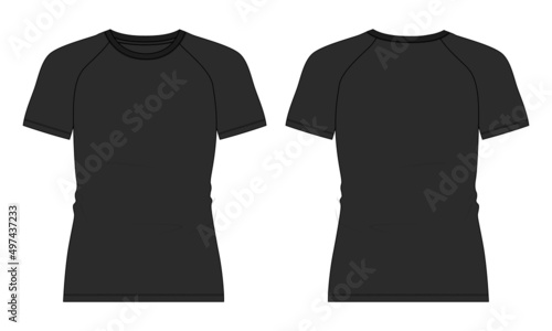 Slim fit Short Sleeve raglan T shirt Technical Fashion flat sketch Vector Illustration Black Color template Front and back views isolated on white background.