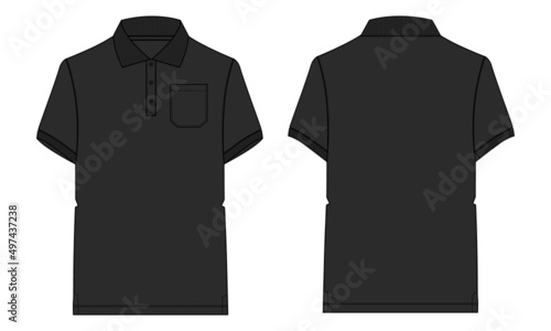 Polo Shirt Technical fashion flat sketch vector illustration Black, Navy Color template isolated on white background. 