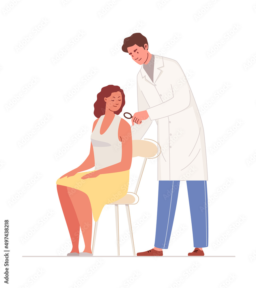 Woman consults with dermatologist. Diagnosis of dermatological diseases. Characters in colored flat vector illustration isolated on white background. Woman consults with dermatologist. Diagnosis of dermatological diseases. Characters in colored flat vector illustration isolated on white background.