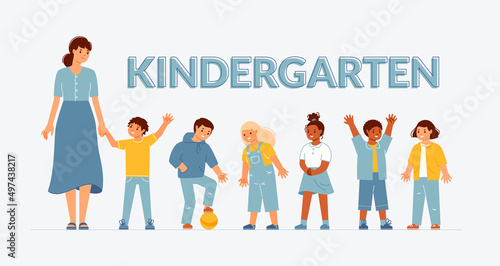 Educator, teacher and happy kids. Group of children from kindergarten or elementary school accompanied by adult. Flat cartoon vector illustration.