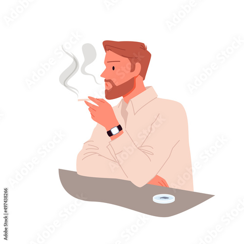 Young man smoking tobacco vector illustration. Cartoon male smoker sitting at table with ashtray, person holding cigarette in hand isolated on white. Bad unhealthy habit, narcotic addiction concept