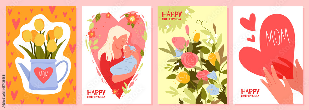 Set of greetings cards for mothers day. Celebrating happy international women day, thankful and warm mom wishes, spring holiday with flowers bouquets cartoon vector illustration Set of greetings cards for mothers day. Celebrating happy international women day, thankful and warm mom wishes, spring holiday with flowers bouquets cartoon vector illustration
