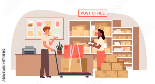 Postal worker moving cardboard boxes from trolley in post office vector illustration. Cartoon postman carrying cart with parcels to female clerk with background. Delivery, logistic service concept