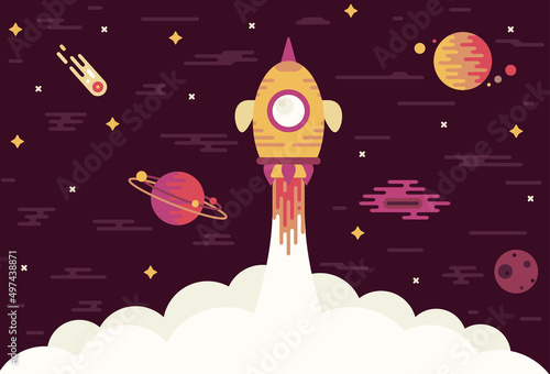 Space ship in space - Business concept, start up template. Horizontal background - vector cartoon illustration. 